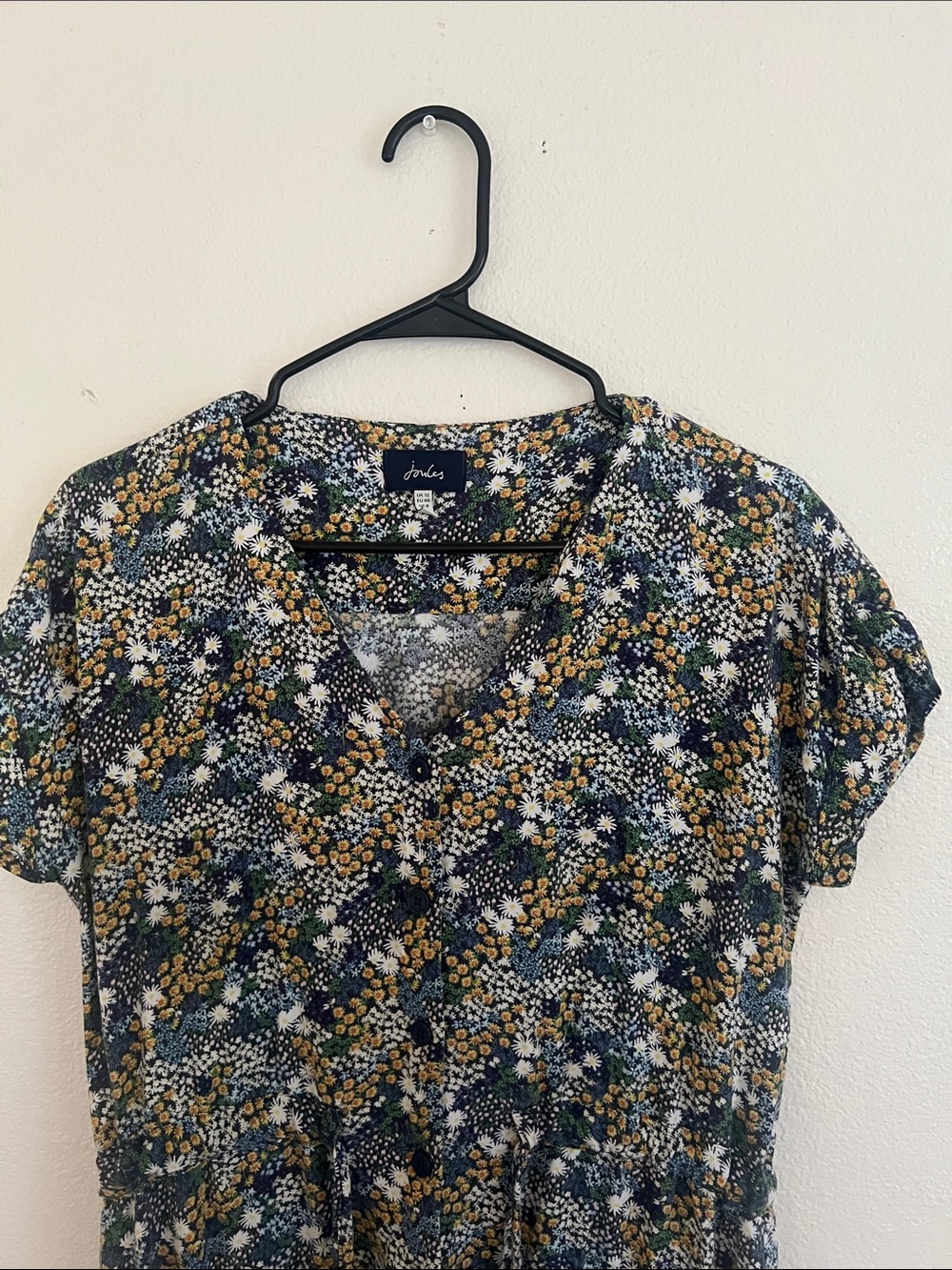 Joules Summer Dress Navy Floral Midi Dress with White and Mustard Accents